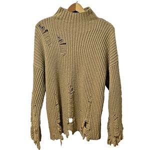 Womens Distressed Ribbed Knit Sweater Brown Size L Fringed Hem Grunge Thrashed